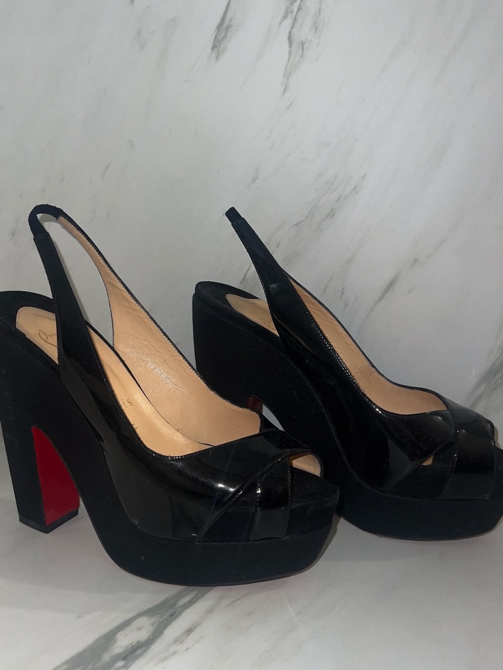 Christian Louboutin Black Patent Platform Peep-Toe Slingbacks
